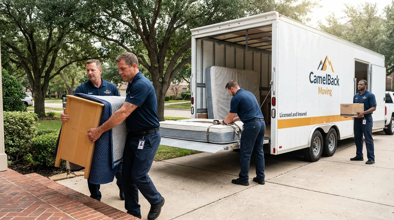 Crew loading residential truck for cross-state move from Los Alamos, CA
