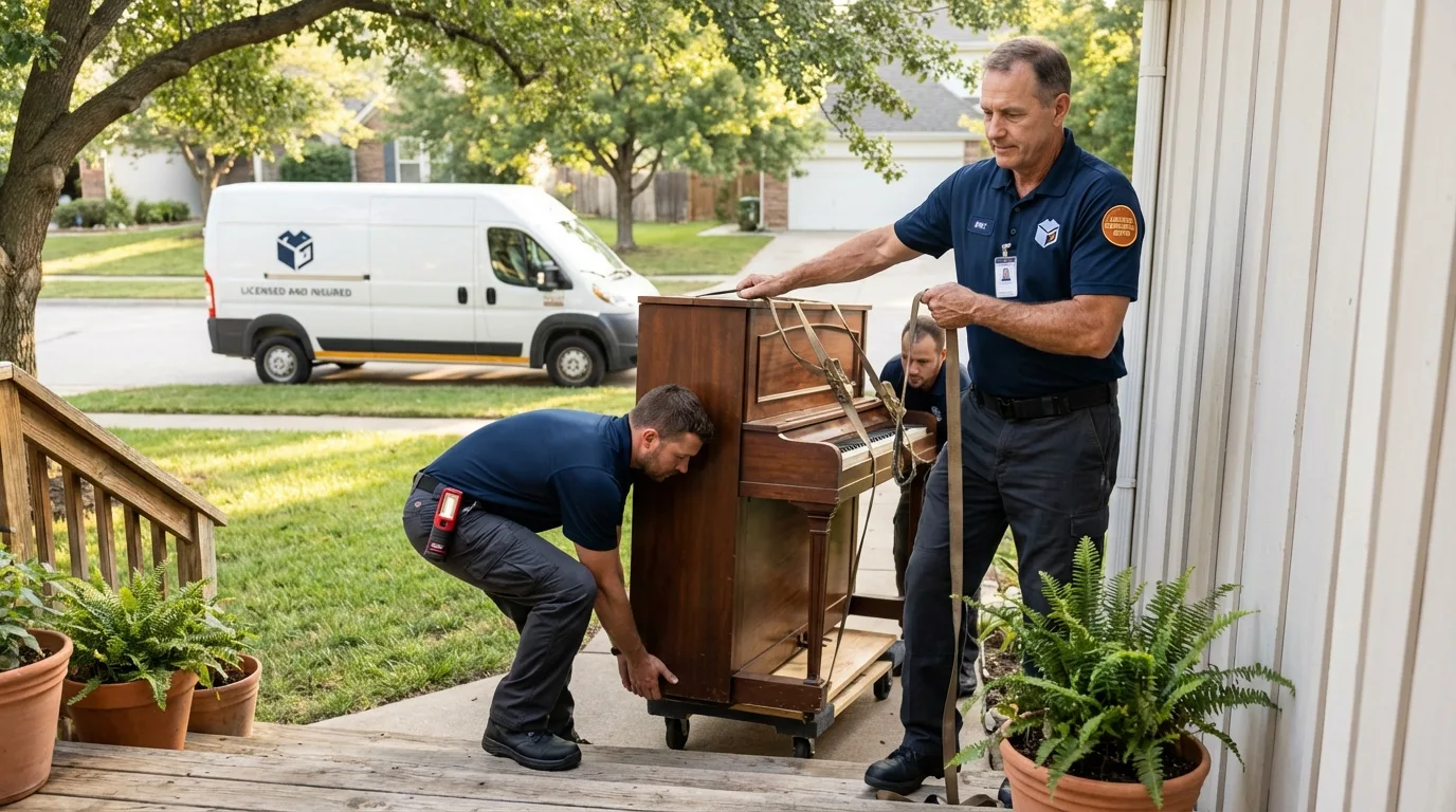Licensed piano movers securing grand piano in Los Alamos, CA