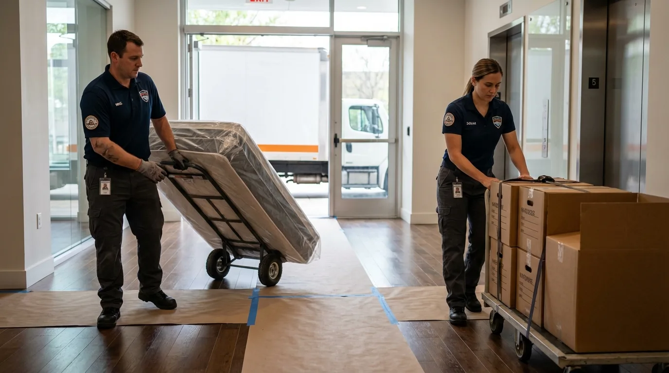 Professional apartment movers loading elevator in Los Alamos, CA