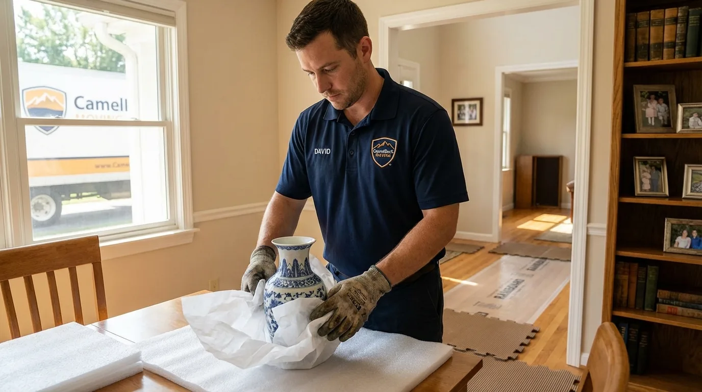 Professional crew carefully wrapping antique vase for senior downsizing move in Los Alamos, CA